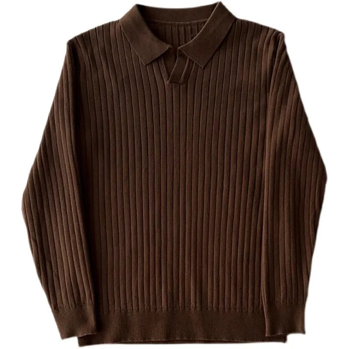 Brown ribbed V-neck long sleeve polo shirt for women, a comfortable and versatile fall essential.