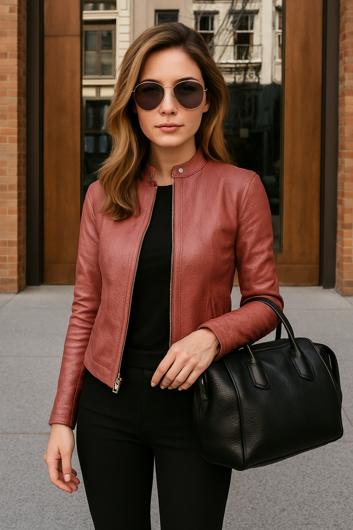Modern ladies' slim fit zip-up outerwear jacket, ideal for stylish casual wear with a mandarin collar.