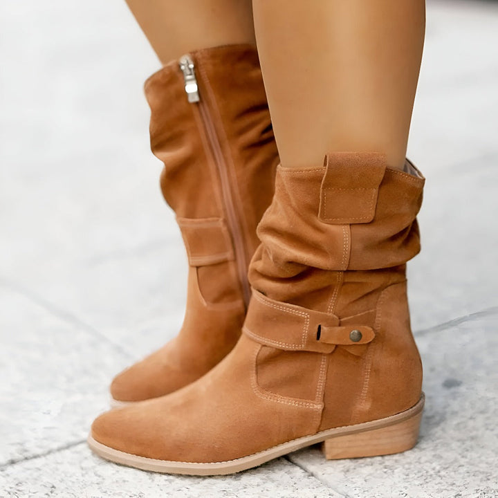 Everyday women's ankle boots: black slouchy design with a subtle low heel and buckle detail.