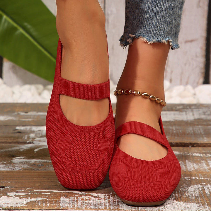 Women's smiling face Mary Jane ballet flats. These comfortable, stylish, and fun footwear are perfect for casual everyday wear.