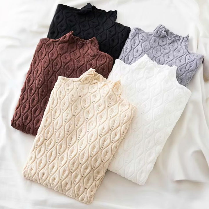 Cozy women's long sleeve cashmere blend turtleneck sweater, perfect winter fashion knitwear.