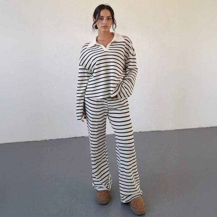 Stylish women's striped knit lounge set, a comfortable two-piece outfit perfect for relaxing at home.