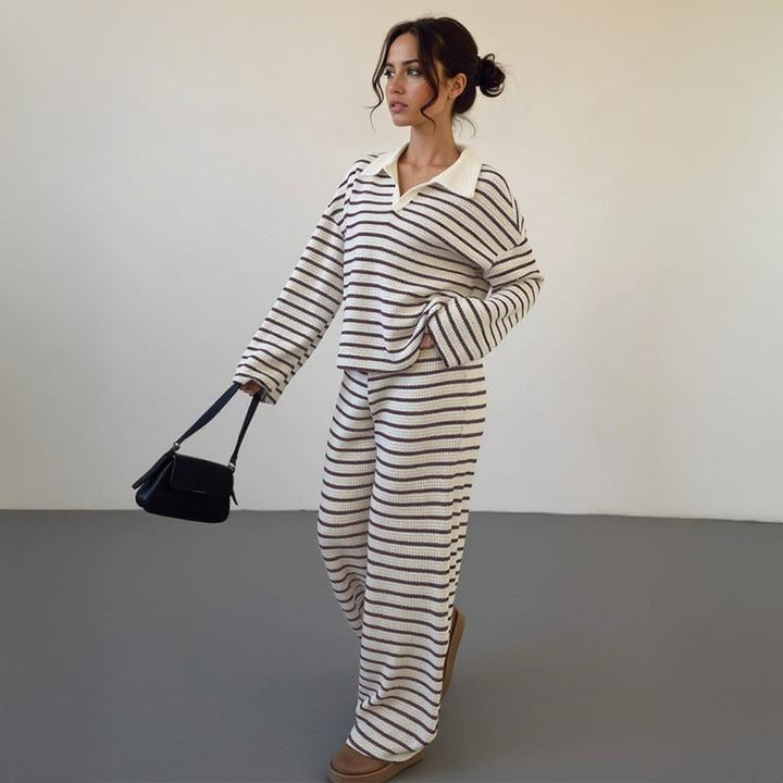 Cozy women's knit lounge set featuring classic stripes, offering soft comfort for everyday casual wear.