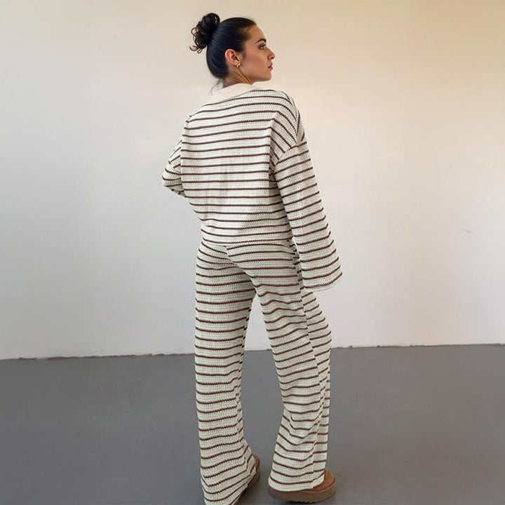 Women's comfortable striped knit loungewear set; includes a soft long-sleeve top and matching pants.