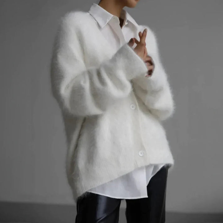 Soft women's open front cardigan with a relaxed fit. Great for versatile layering, casual to elegant, in fall or winter.
