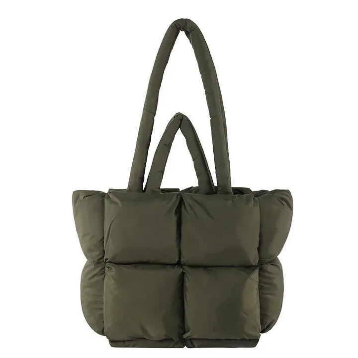Plush women's padded tote bag, soft puffer texture. Comfortable & spacious shoulder handbag for daily use.