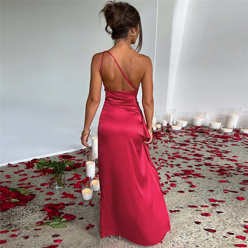 Apricot one-shoulder sleeveless maxi gown for women, perfect as a formal or evening occasion dress.