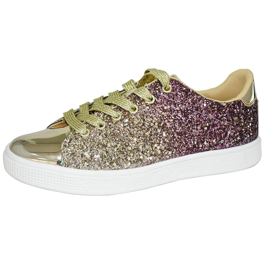 Shimmering women's lace-up sneakers, comfortable casual shoes with a glamorous touch.