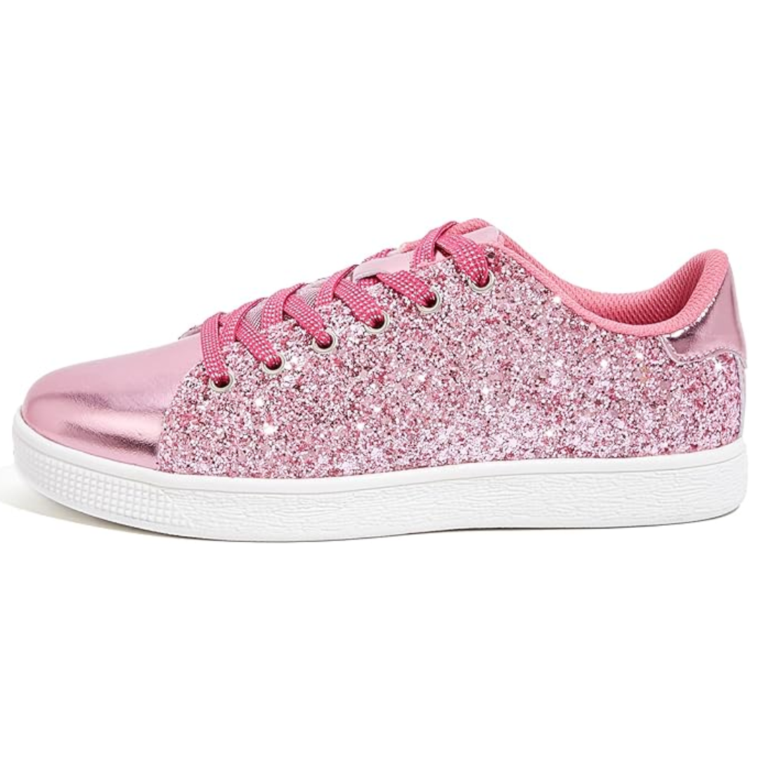 Lace-up sparkling sneakers, women's trendy footwear blending comfort & style.