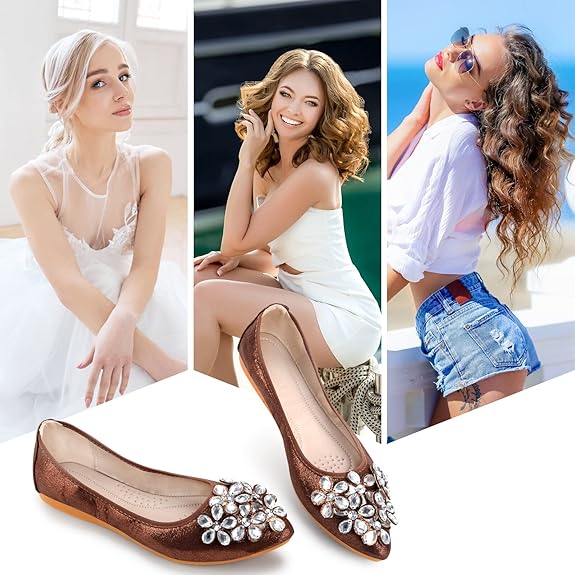 Dressy women's rhinestone sparkle flats, ideal for travel, parties & evening events.