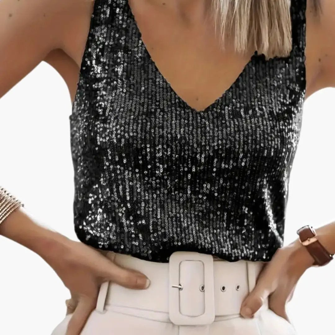 Elegant women's sleeveless sequin top, round neck, shimmering for evening fashion.