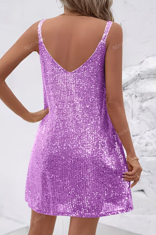 Sparkling mini sequin dress for women with a V-neck, a chic and festive choice for cocktail parties.