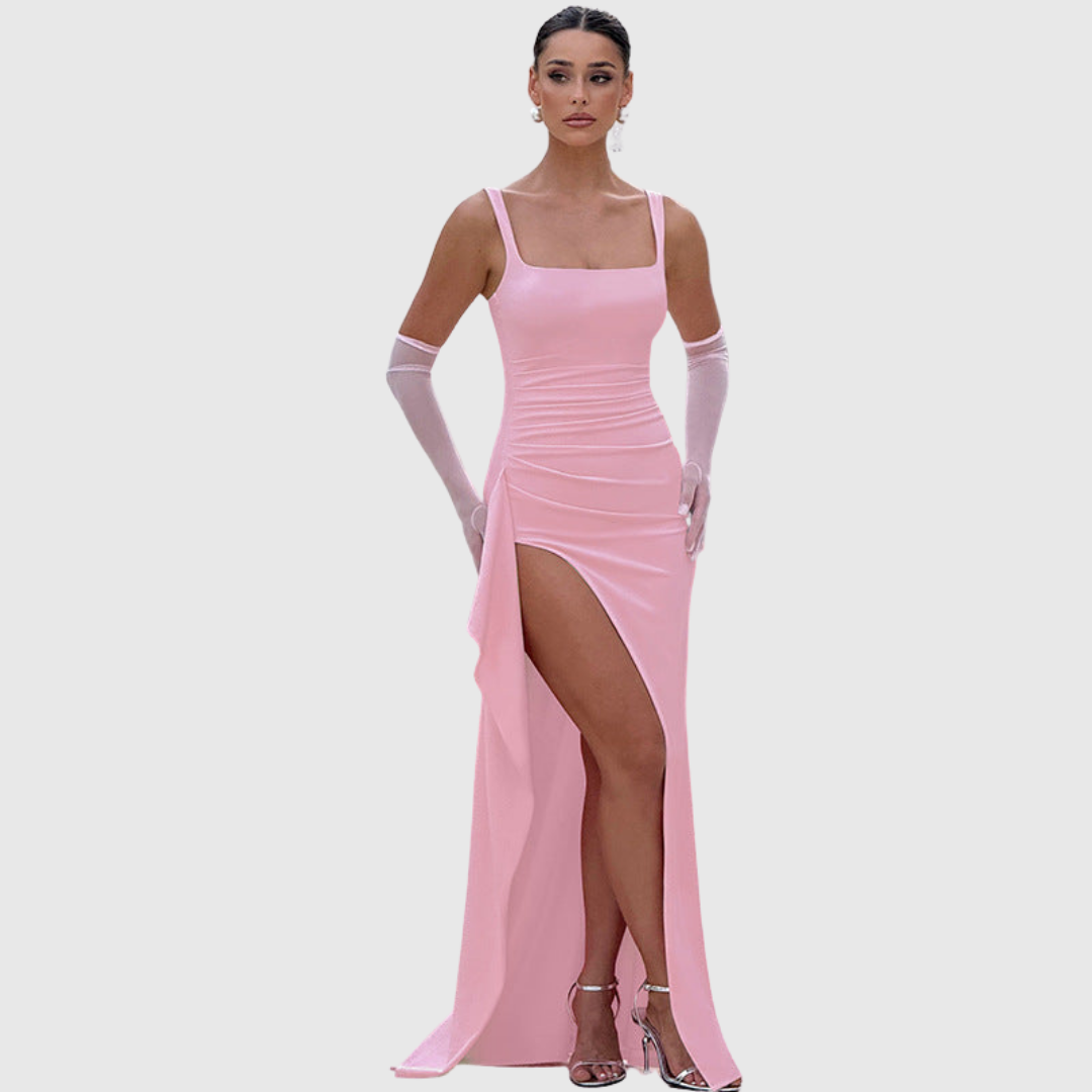 Exquisite women's formal evening gown, square neck, bodycon, ruched waist, stylish thigh slit.