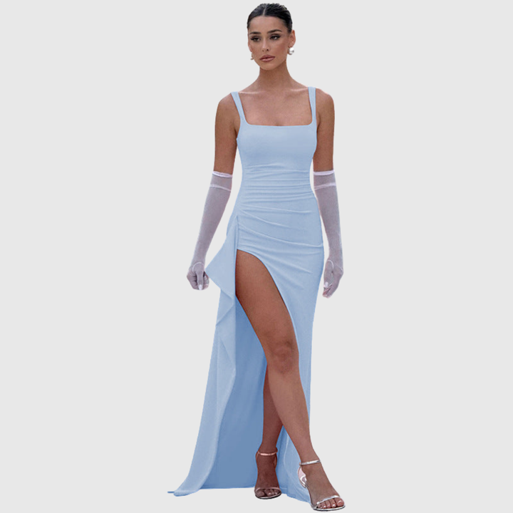 Women's long bodycon dress, square neck, ruched waist, trendy thigh slit, ideal for dances.
