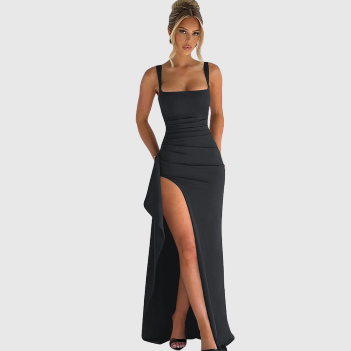 Sleek women's prom dress with a square neckline, bodycon silhouette, and high thigh slit.