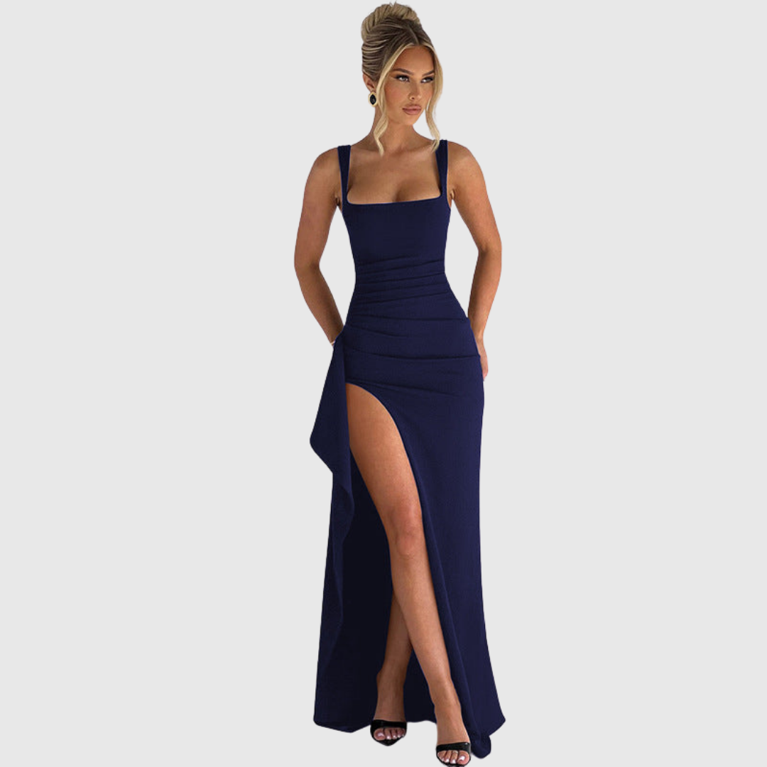 Chic women's prom gown: square neck, form-fitting bodycon, ruched waist, graceful thigh slit.