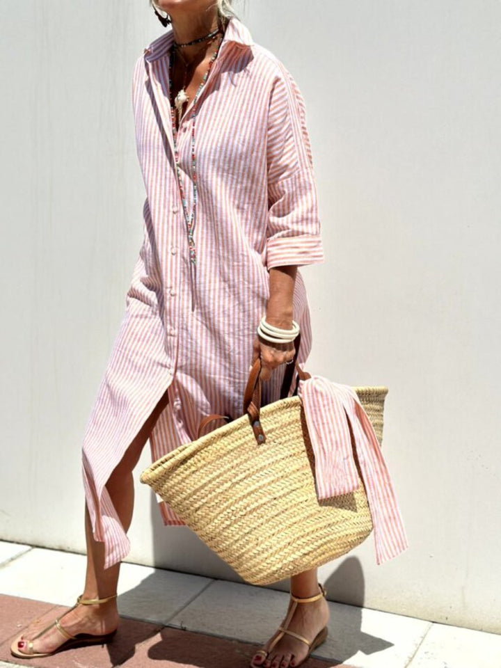 Women's striped button-front midi shirt dress, relaxed fit, perfect for casual summer style & comfort.