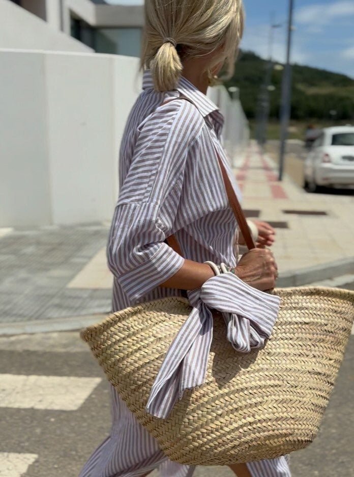 Blue striped button-front midi shirt dress, women's relaxed fit, comfortable for everyday casual style.