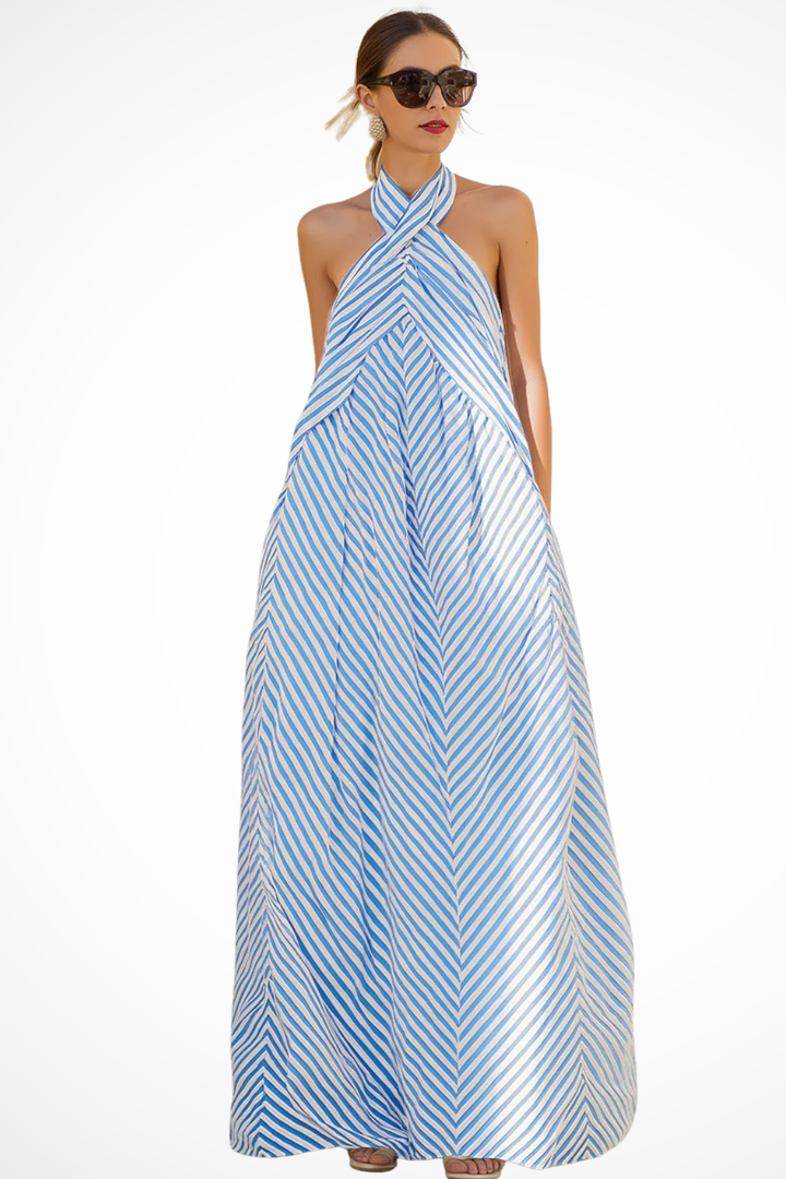 Versatile women's striped halter neck maxi dress, a perfect casual flowy sundress for daily wear or vacation.