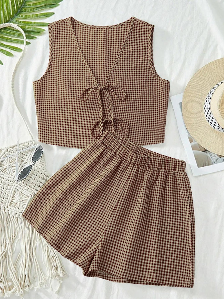 Women's striped crop top & shorts matching set, a stylish two-piece cotton blend lounge outfit for summer.