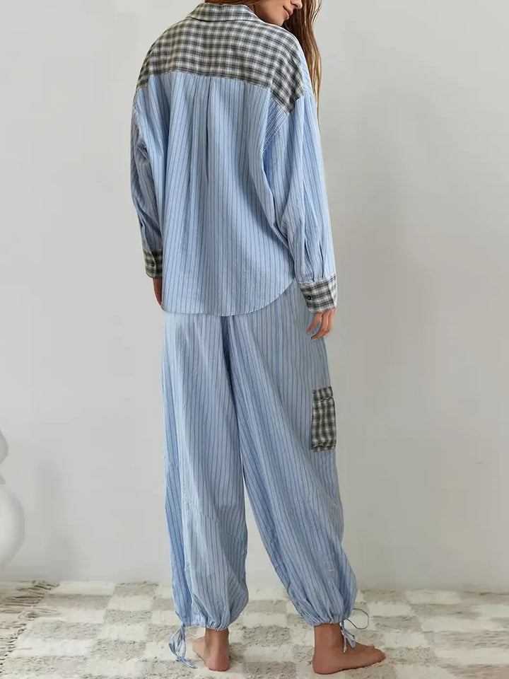 Women's homewear striped plaid lounge set. Comfortable two-piece for relaxing & casual days.
