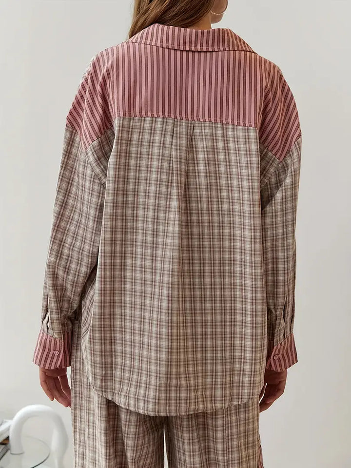 Relaxed fit women's plaid & striped sleepwear set. Stylish two-piece for casual homewear comfort.