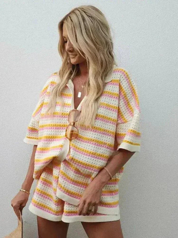 Women's striped two-piece short set. Casual & comfy summer outfit.