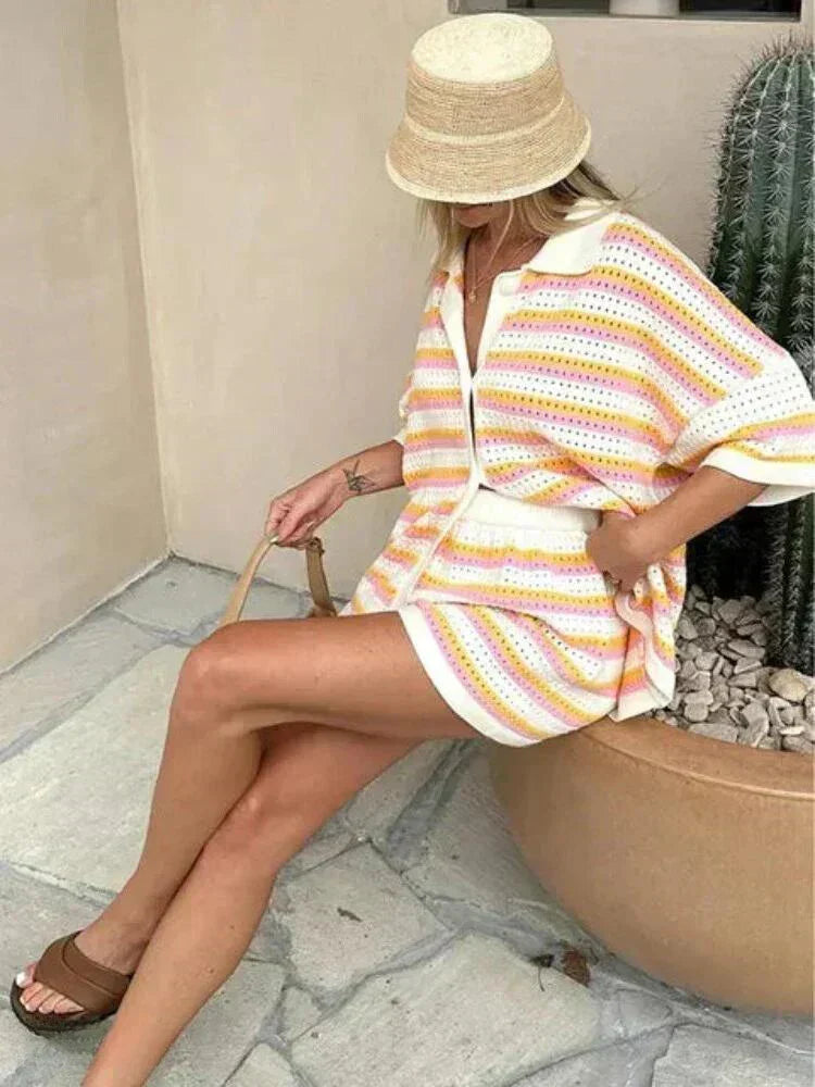 Women's striped button-up top & elastic waist shorts two-piece set. Comfortable summer clothing.