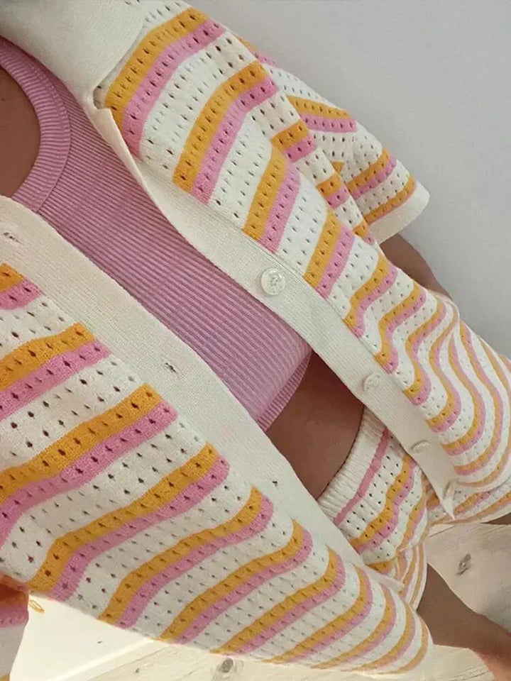 Stylish women's striped short set. Perfect casual two-piece outfit for summer fashion & comfort.