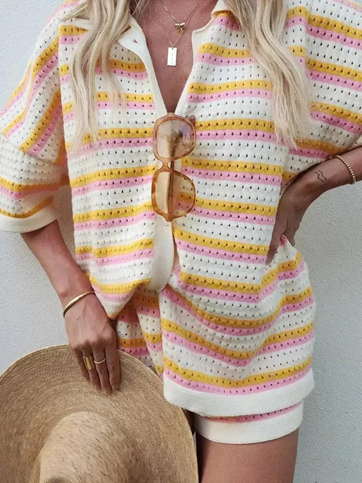 Chic women's striped two-piece short set. Fashionable & comfy leisurewear for warm weather.
