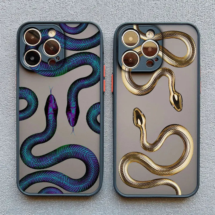 Luxury women's iPhone case boasting a stunning serpent motif, a fashionable phone accessory.