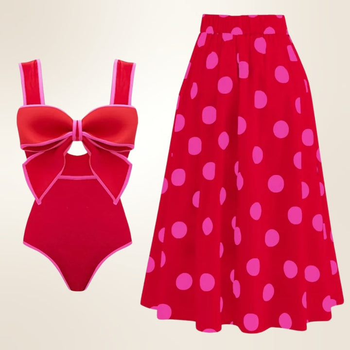Fashionable women's one-piece swimsuit with elegant skirt design for summer, beach & resort style.