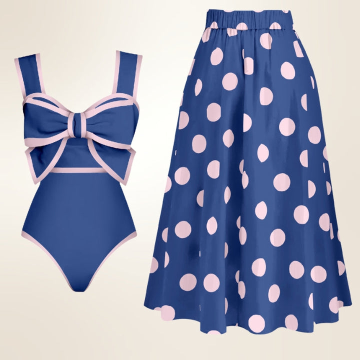 Chic women's one-piece swimsuit with flattering skirt, perfect for summer vacation & elegant beachwear.