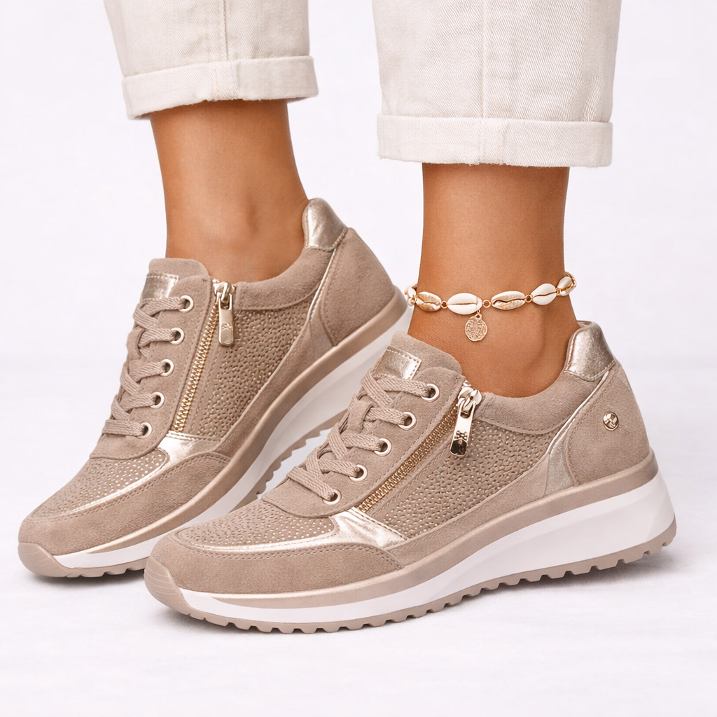 Breathable beige women's orthopedic wedge sneakers for casual wear, providing excellent arch support and comfort.