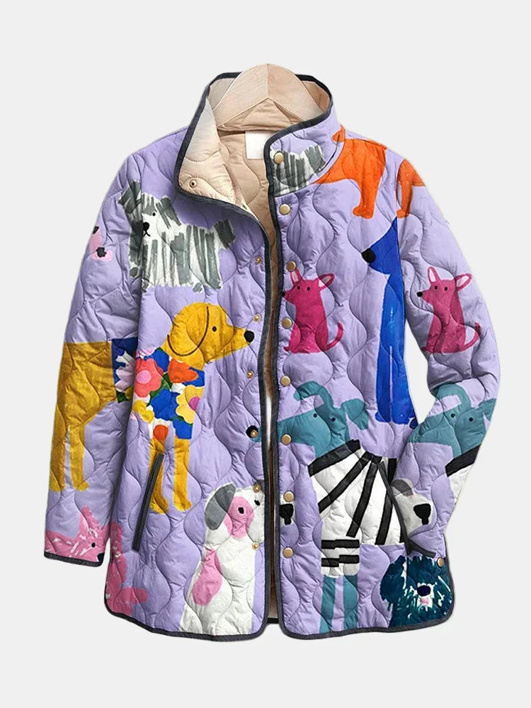 Women's stylish quilted casual jacket with unique dog print, lightweight & cozy for everyday wear.