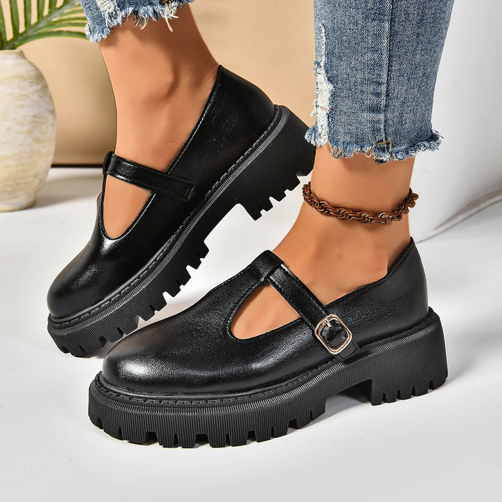 Women's vintage T-Strap Platform Mary Jane shoes, orthopedic design, comfortable heels & adjustable buckle.