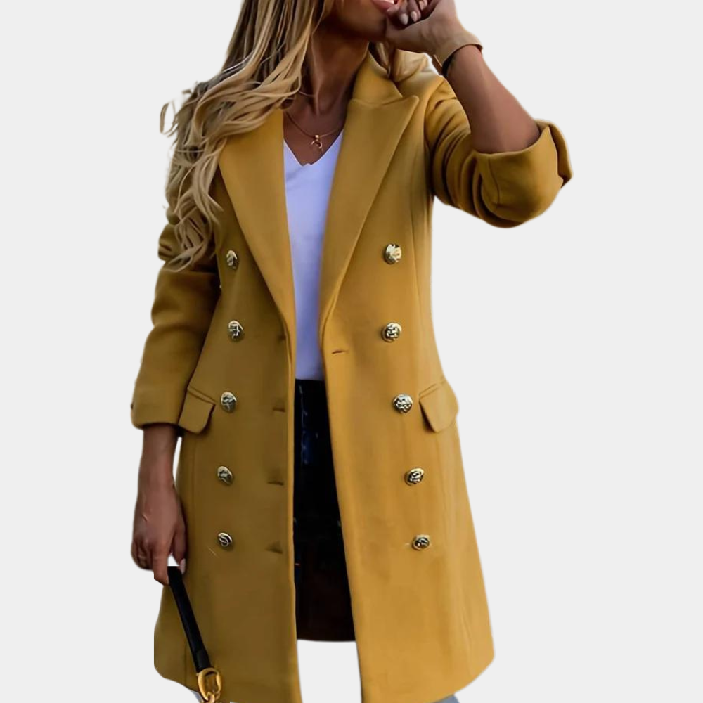 Women's tailored long trenchcoat with button closure, perfect for elegant fall and spring fashion.