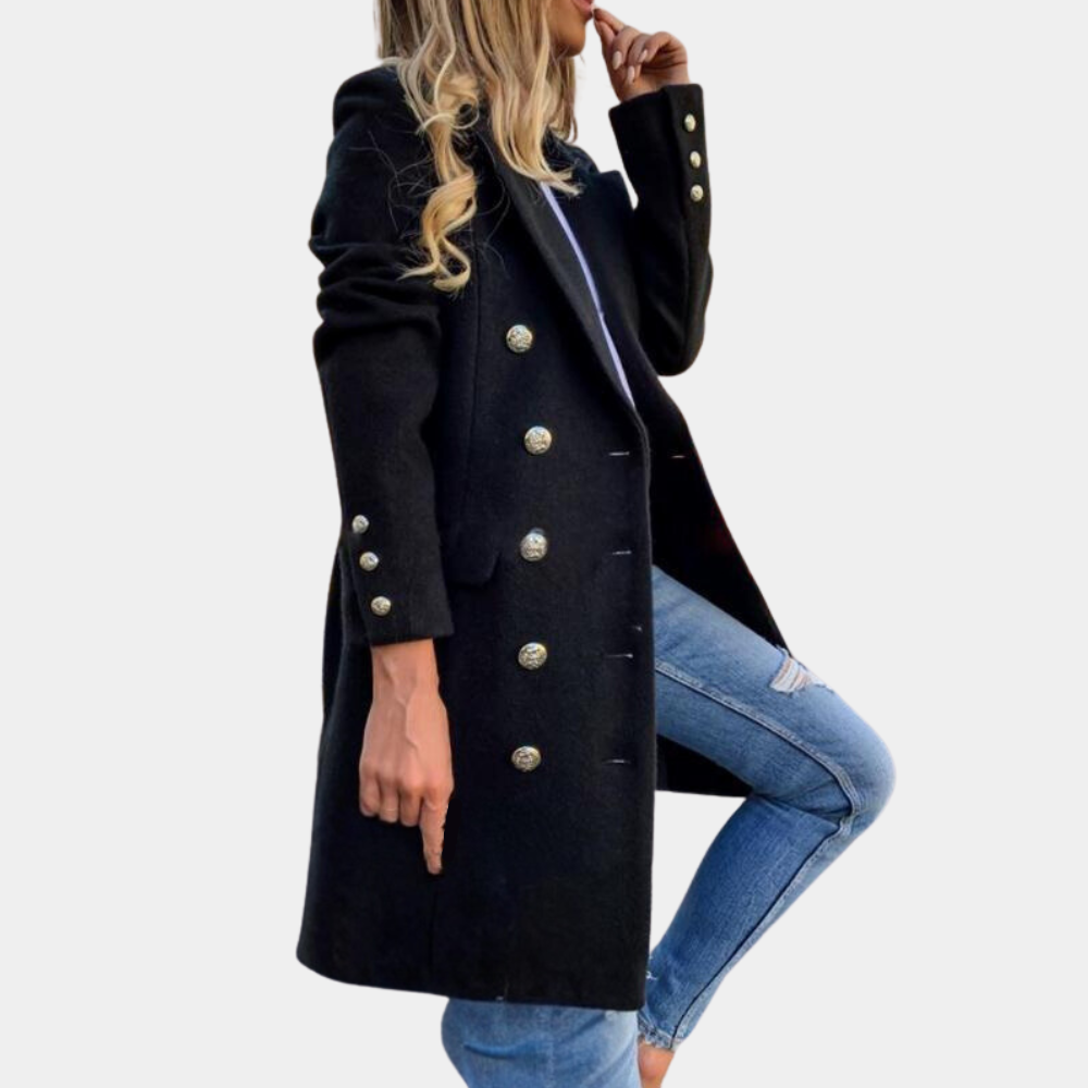 Elegant yellow women's tailored long trenchcoat, button-front, ideal for chic fall & spring fashion.