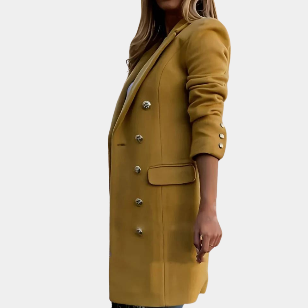 Tailored women's long trenchcoat with elegant button closure, sophisticated design for modern style.