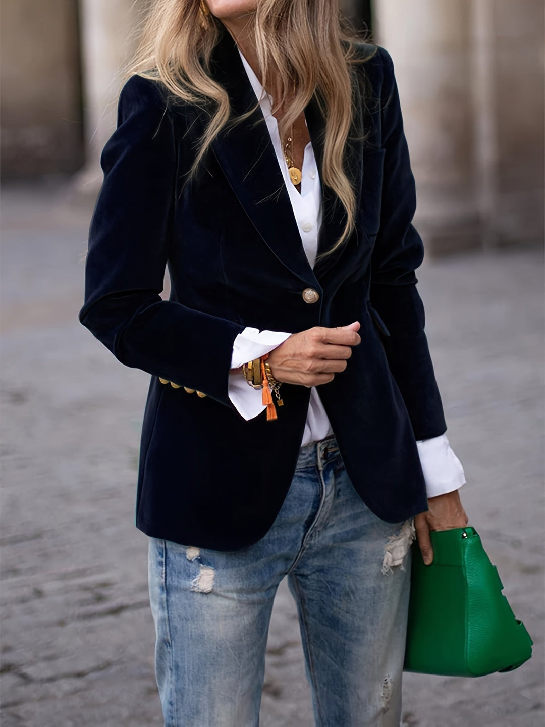 Elegant long-sleeve tailored blazer for women, adorned with chic gold buttons for a sophisticated look.