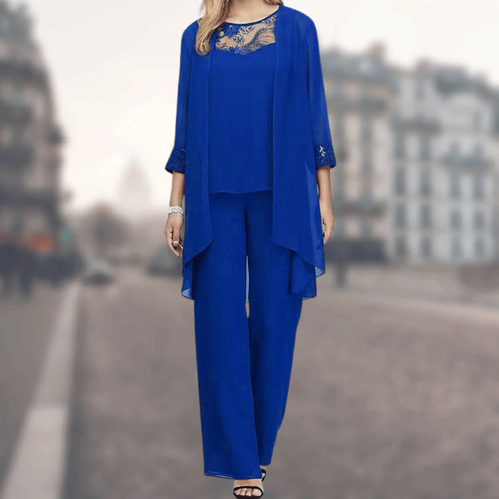 Versatile women's flowy two-piece outfit with wide-leg pants & a matching top. Comfortable, elegant, and stylish for spring.