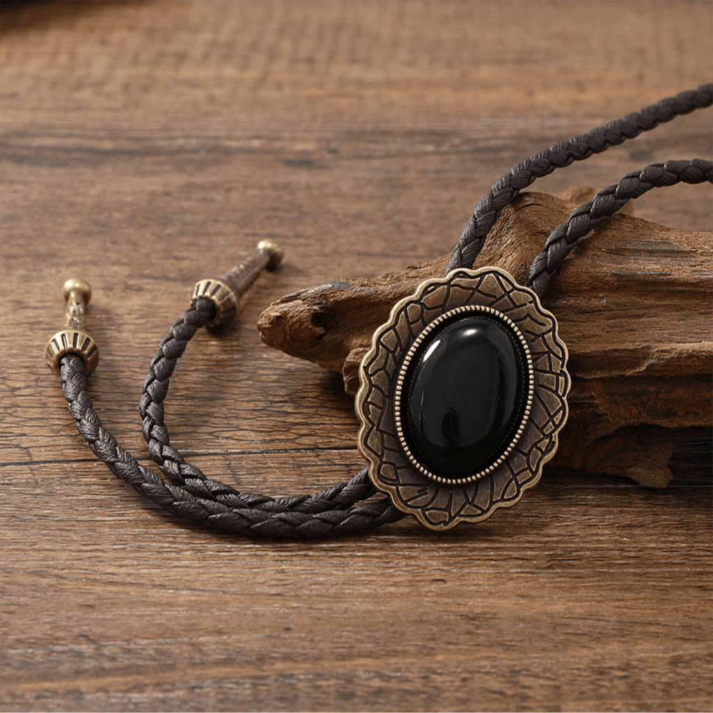 Stylish women's western accessory: tribal bolo tie with natural stone & leather detail.