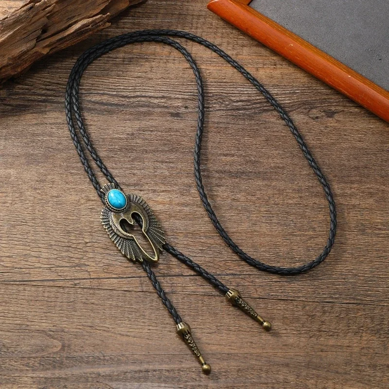 Genuine leather women's tribal bolo tie with a bold onyx-look stone slider.