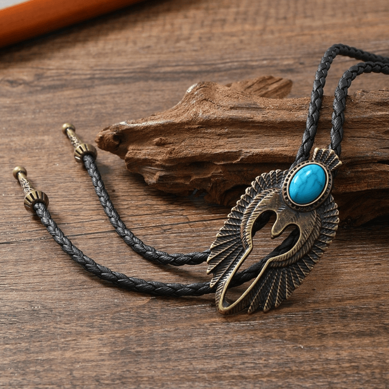 Women's tribal western bolo tie, adjustable leather cord with stone-studded centerpiece.