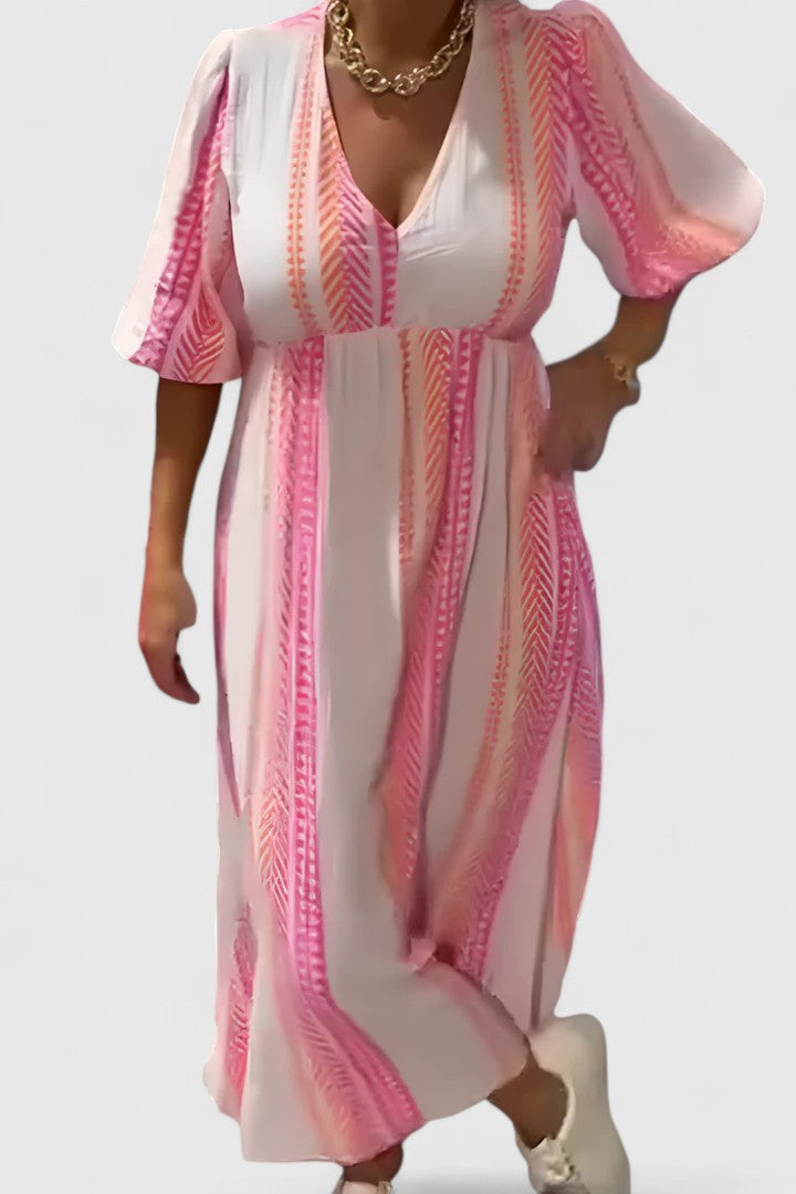 Women's tropical stripe puff sleeve maxi dress with V-neck & empire waist, ideal for summer resort wear.