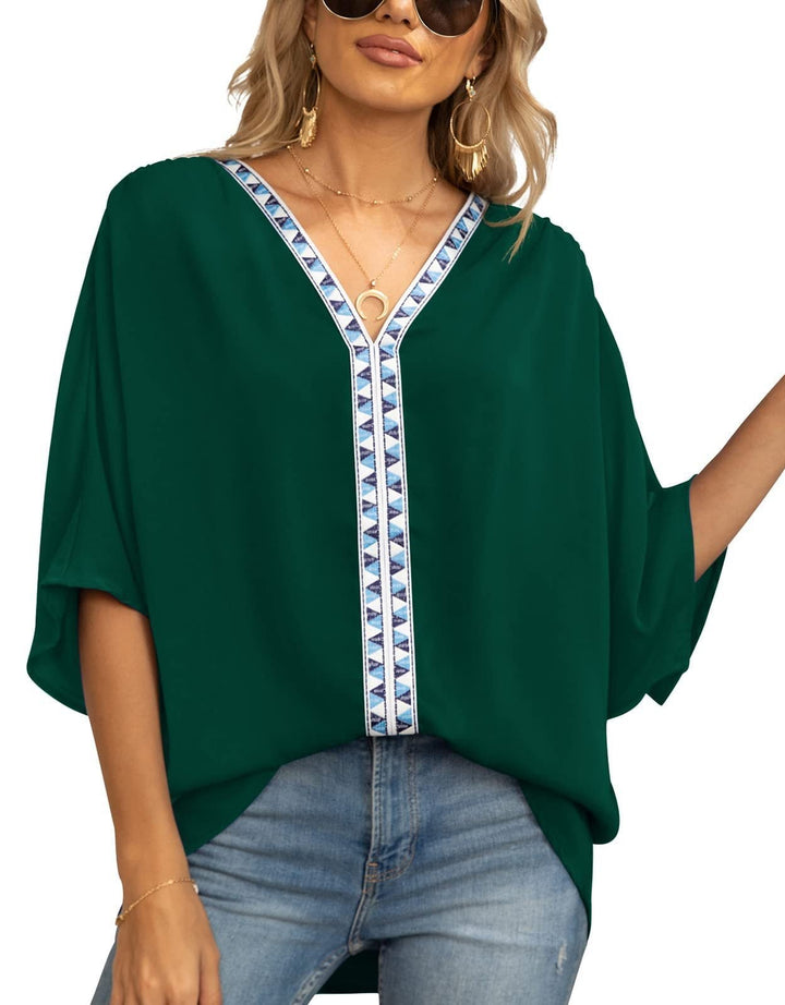 Spring/summer women's tunic top, geometric V-neck trim, half sleeve. Relaxed fit for casual style.