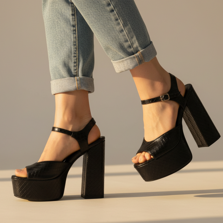 Women's party platform sandals with ultra high block heel & adjustable ankle buckle for comfort.
