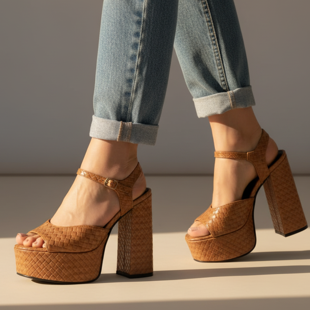 Detail of chunky block heel on women's ultra high platform sandals, a key fashion feature.