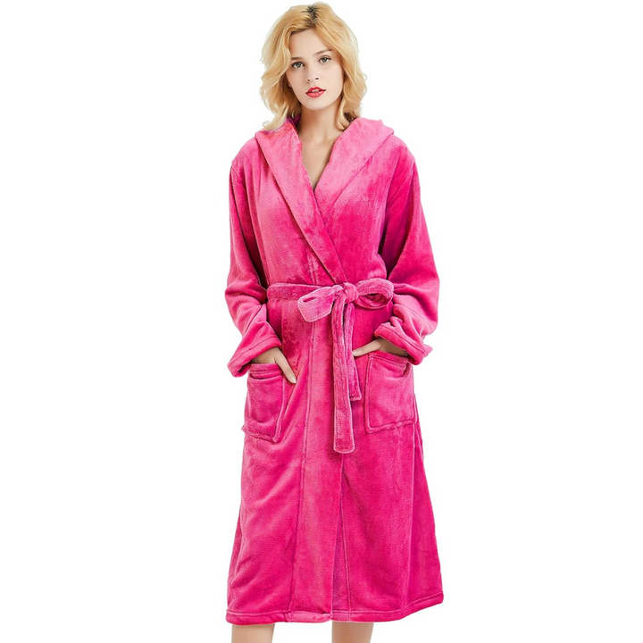 Plush women's full-length bathrobe, featuring a hood & deep pockets for ultimate cozy comfort & relaxation.