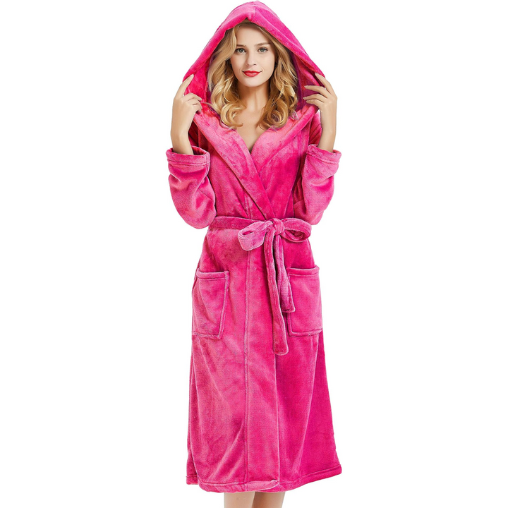 Luxurious women's full-length robe, ultra-soft fabric for supreme comfort. Perfect hooded bathrobe.